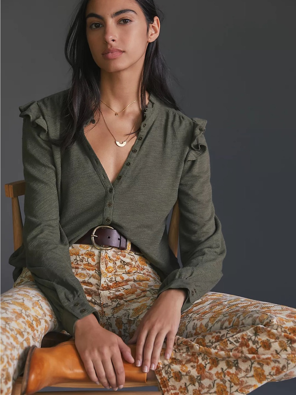 Anthropologie Pilcro Ruffle-Shoulder Henley Top in Olive Green Size L